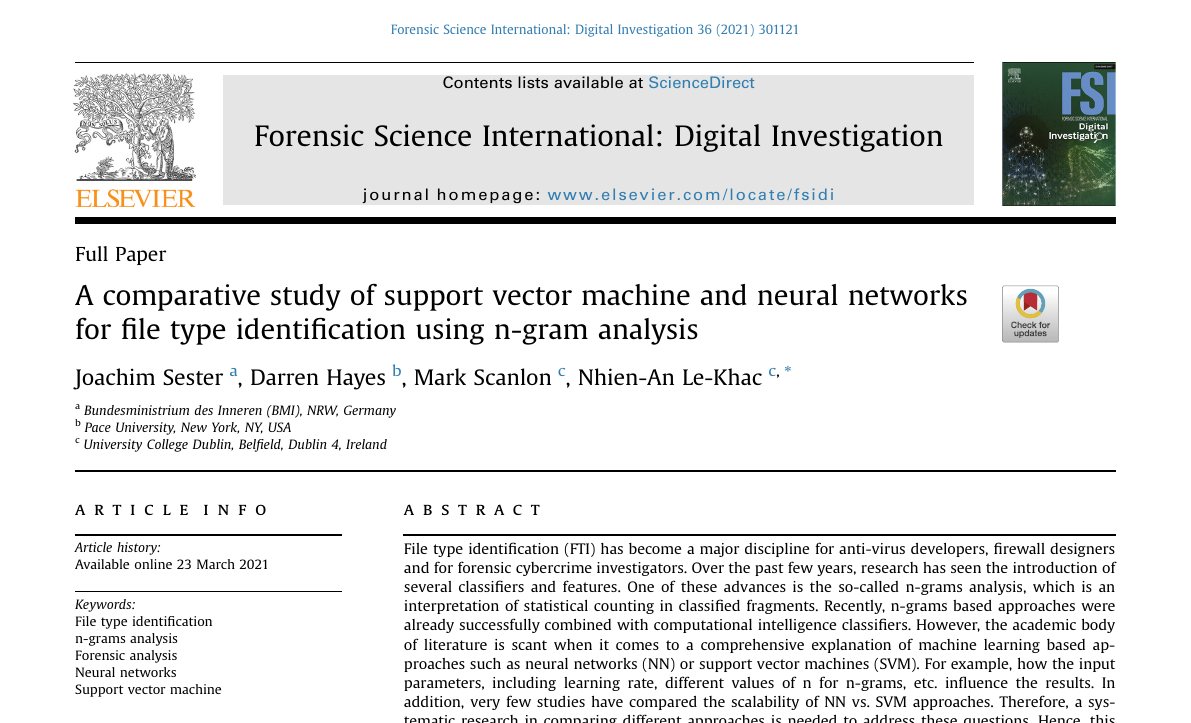 Top of the first page of A Comparative Study of Support Vector Machine and Neural Networks for File Type Identification Using n-gram Analysis